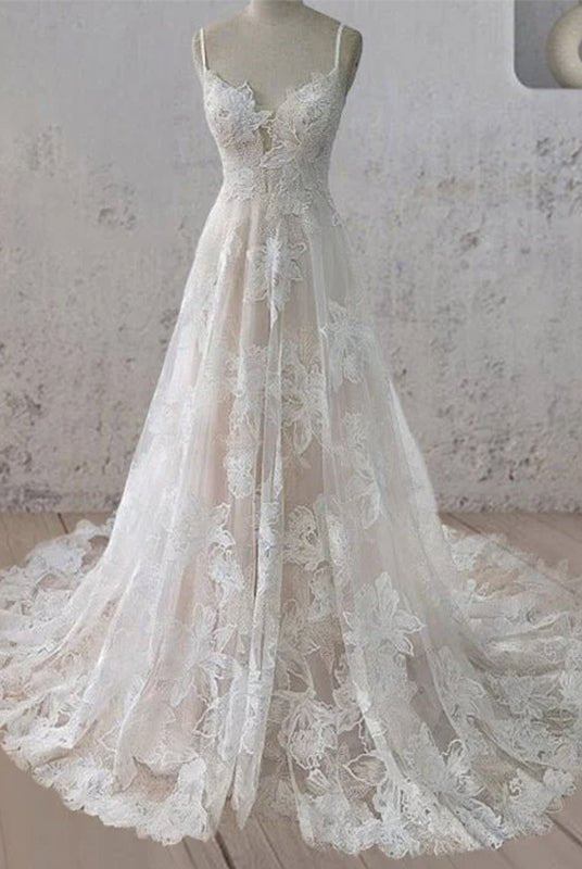 Boho White A - Line Lace Appliques Wedding Dress - KissProm