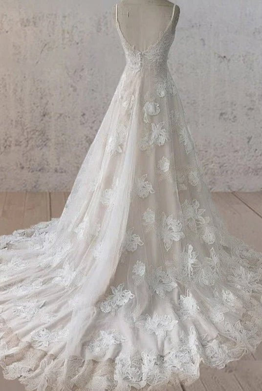 Boho White A - Line Lace Appliques Wedding Dress - KissProm