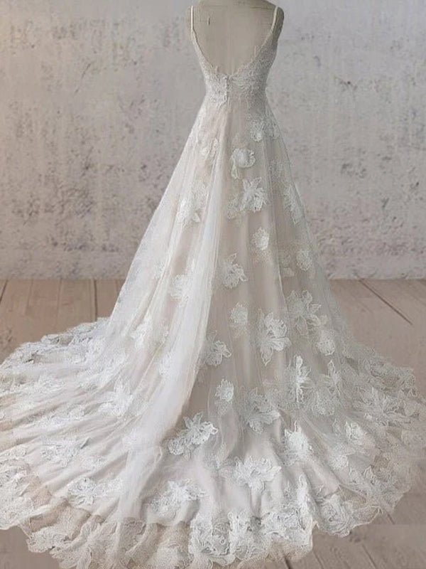 Boho White A - Line Lace Appliques Wedding Dress - KissProm