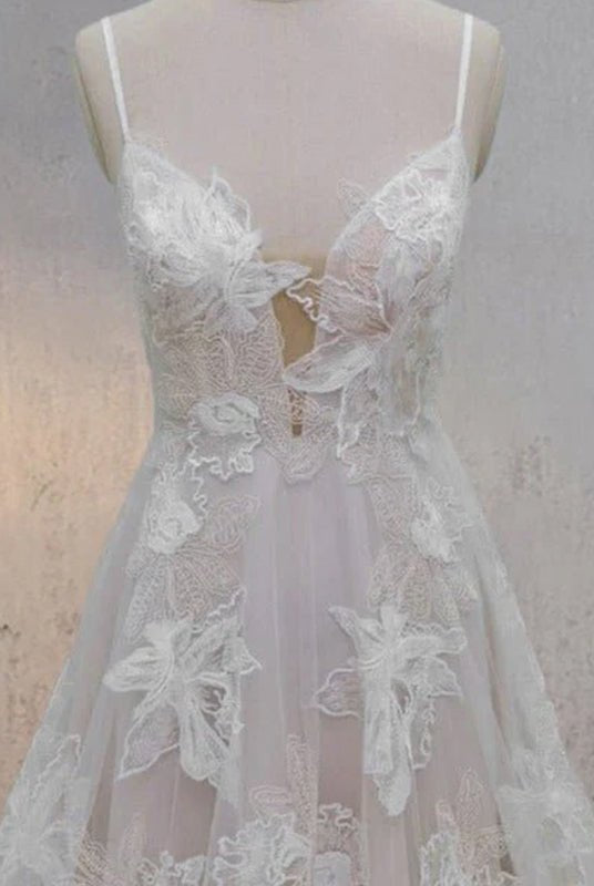 Boho White A - Line Lace Appliques Wedding Dress - KissProm