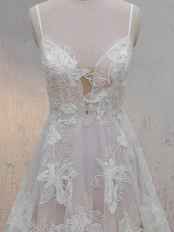 Boho White A - Line Lace Appliques Wedding Dress - KissProm