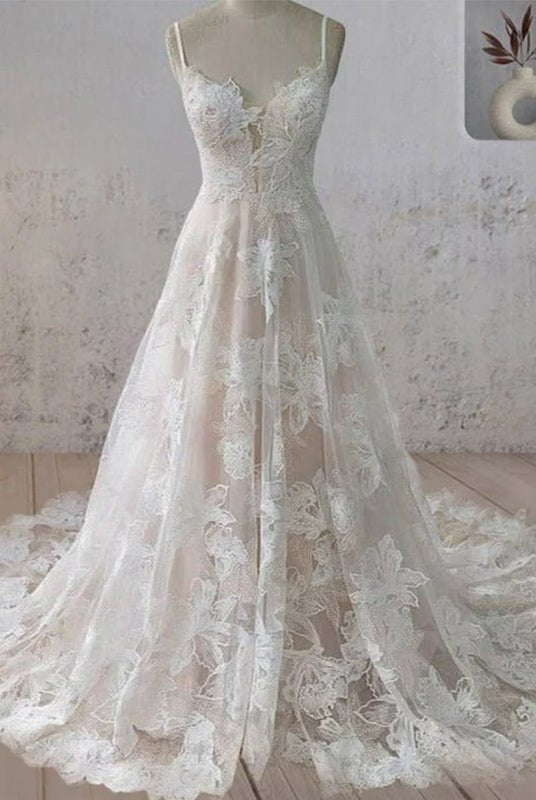 Boho White A - Line Lace Appliques Wedding Dress - KissProm