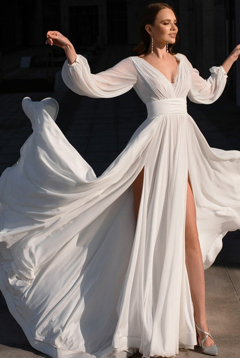 Boho A-Line White V Neck Long Sleeve Wedding Dress