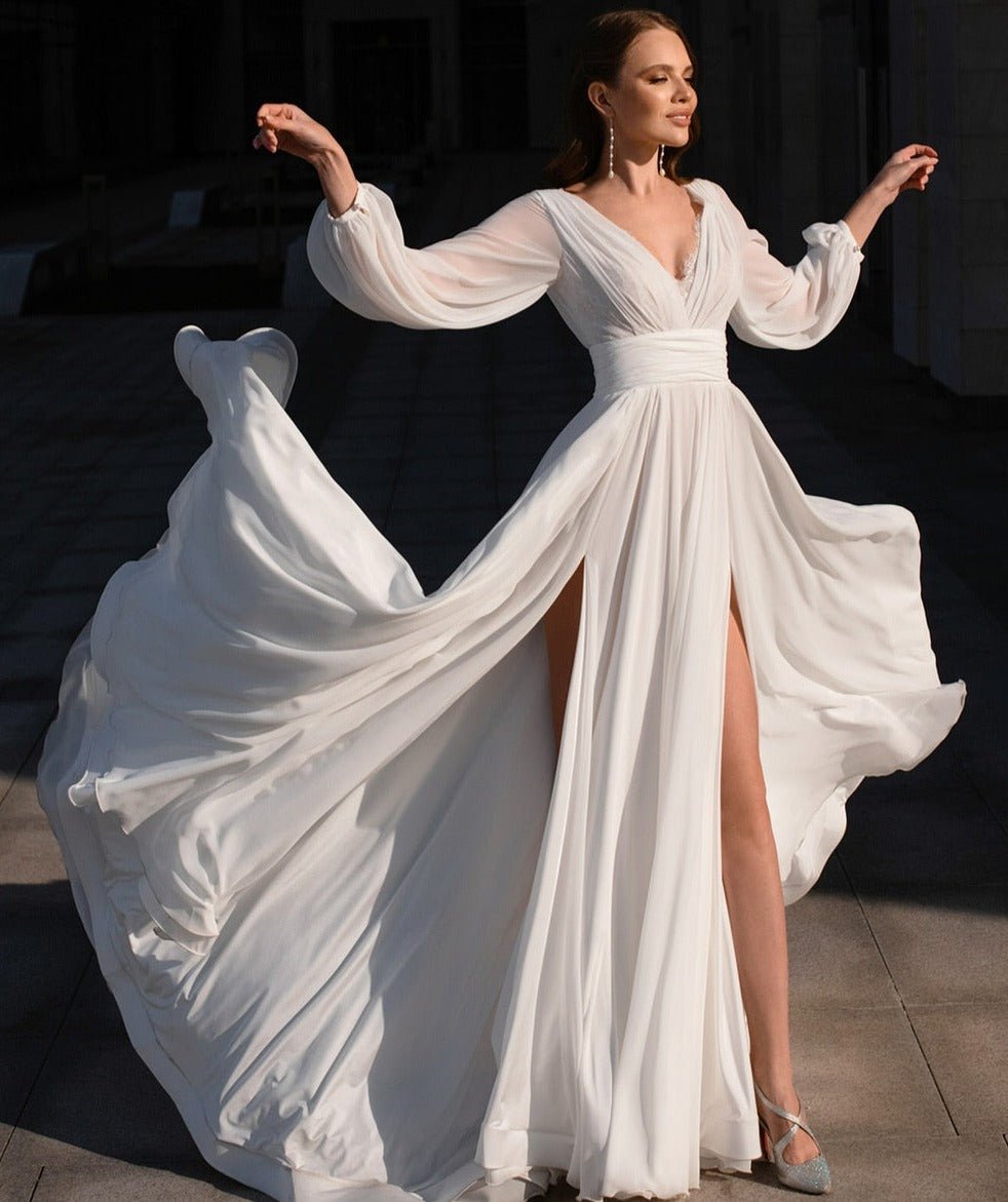 Boho A-Line White V Neck Long Sleeve Wedding Dress