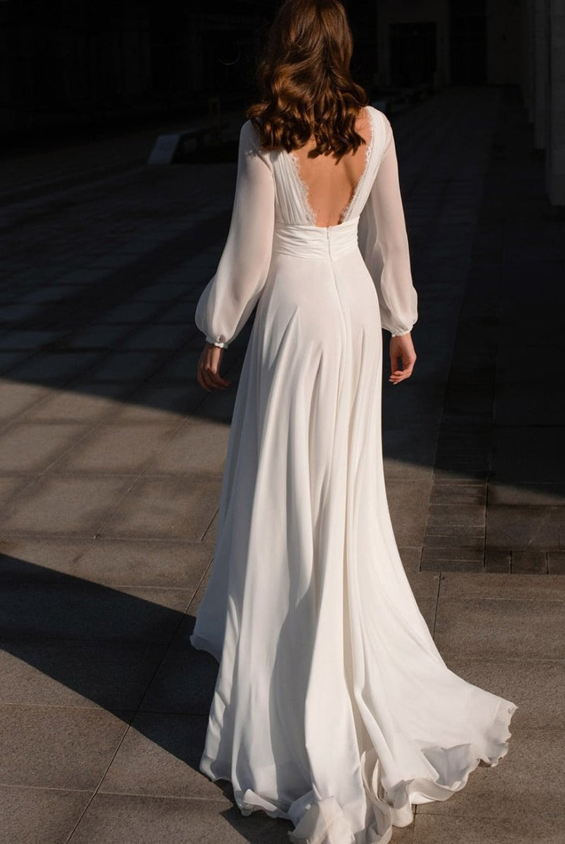 Boho A-Line White V Neck Long Sleeve Wedding Dress