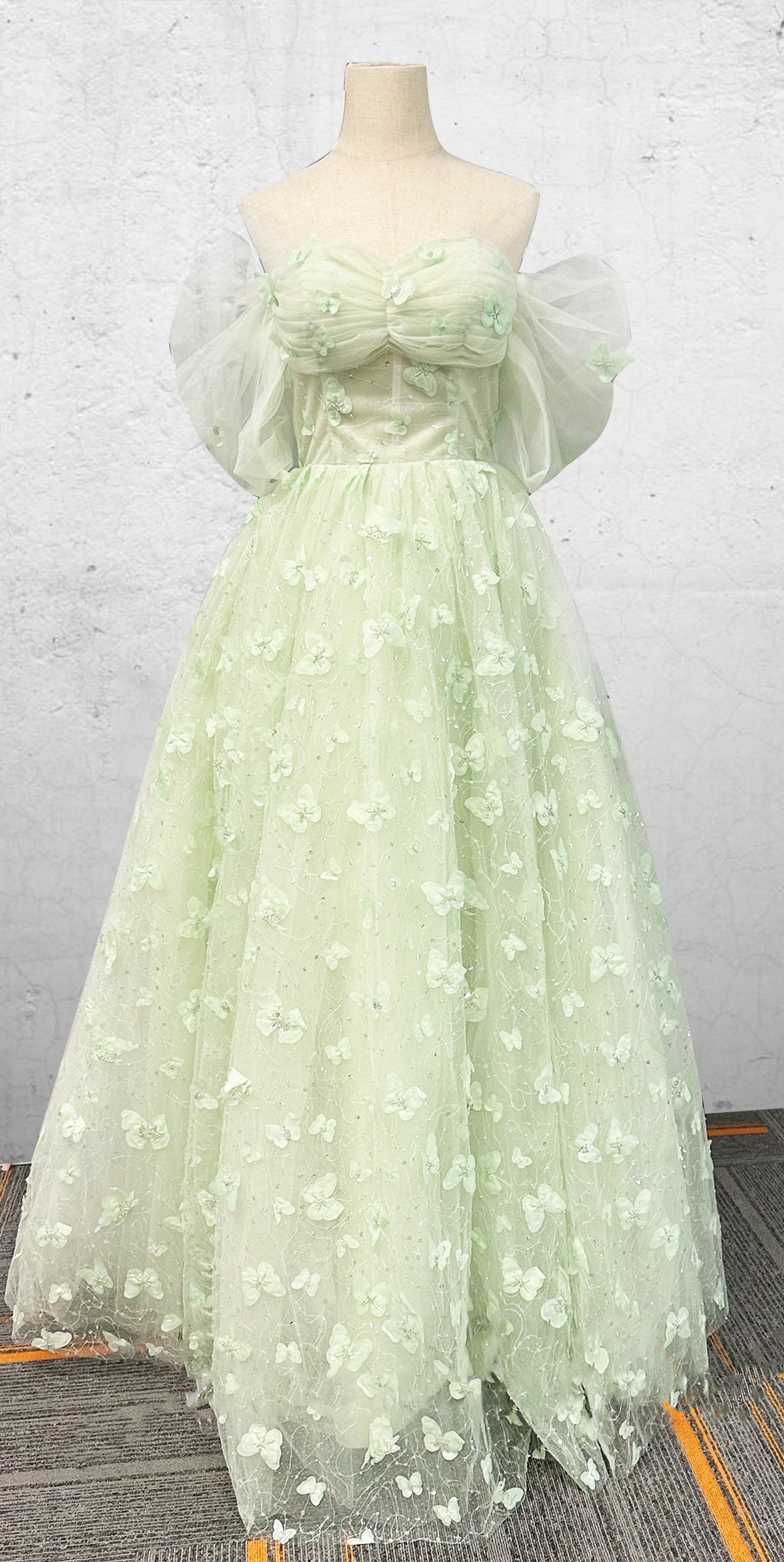 Boho Light Green Floor Spring  Garden Wedding Dress