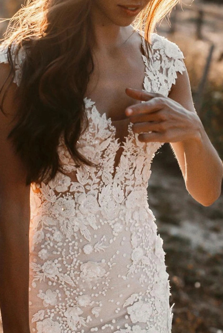 Boho Mermaid Wedding Dress Floral V-neck Casual Gown with Open Back and Lace Appliques