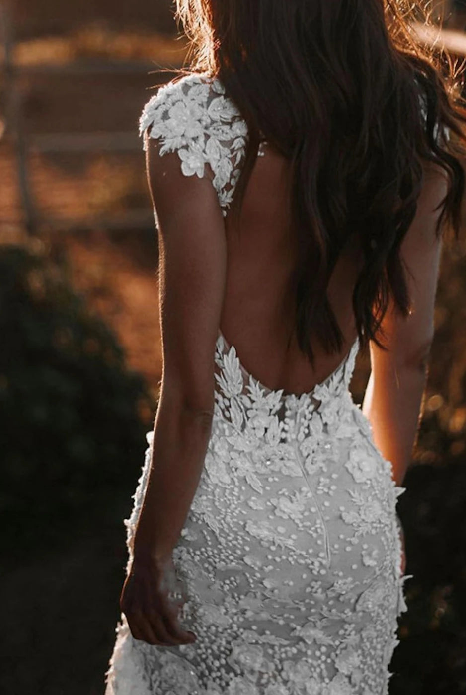 Boho Mermaid Wedding Dress Floral V-neck Casual Gown with Open Back and Lace Appliques