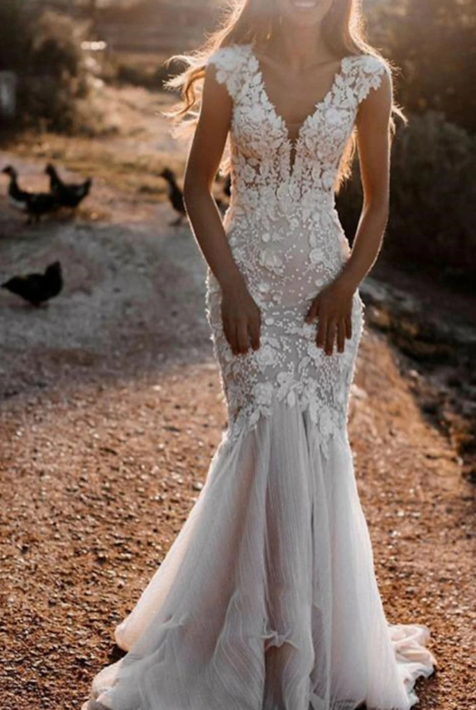 Boho Mermaid Wedding Dress Floral V-neck Casual Gown with Open Back and Lace Appliques