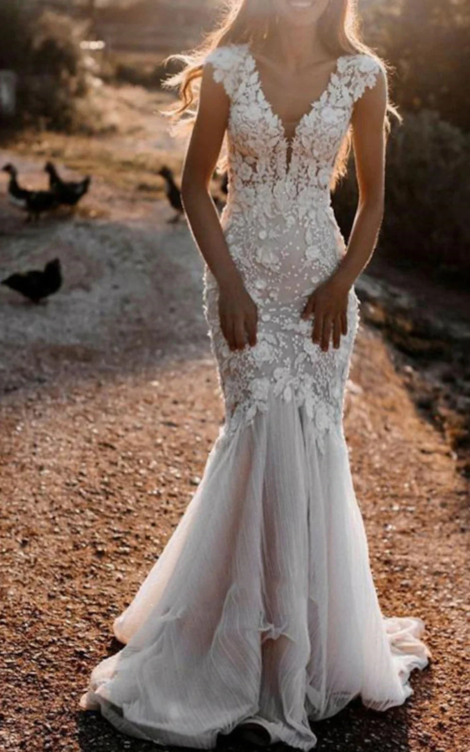 Boho Mermaid Wedding Dress Floral V-Neck Casual Gown with Open Back and Lace Appliques Champagne / Custom Size Boho Mermaid Wedding Dress Floral V-Neck Casual Gown with Open Back and Lace Appliques Champagne / Custom Size