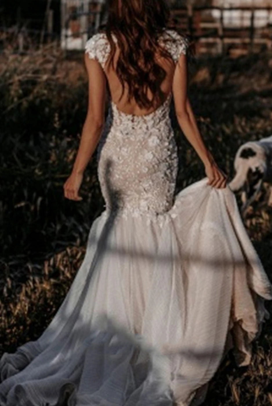 Boho Mermaid Wedding Dress Floral V-neck Casual Gown with Open Back and Lace Appliques