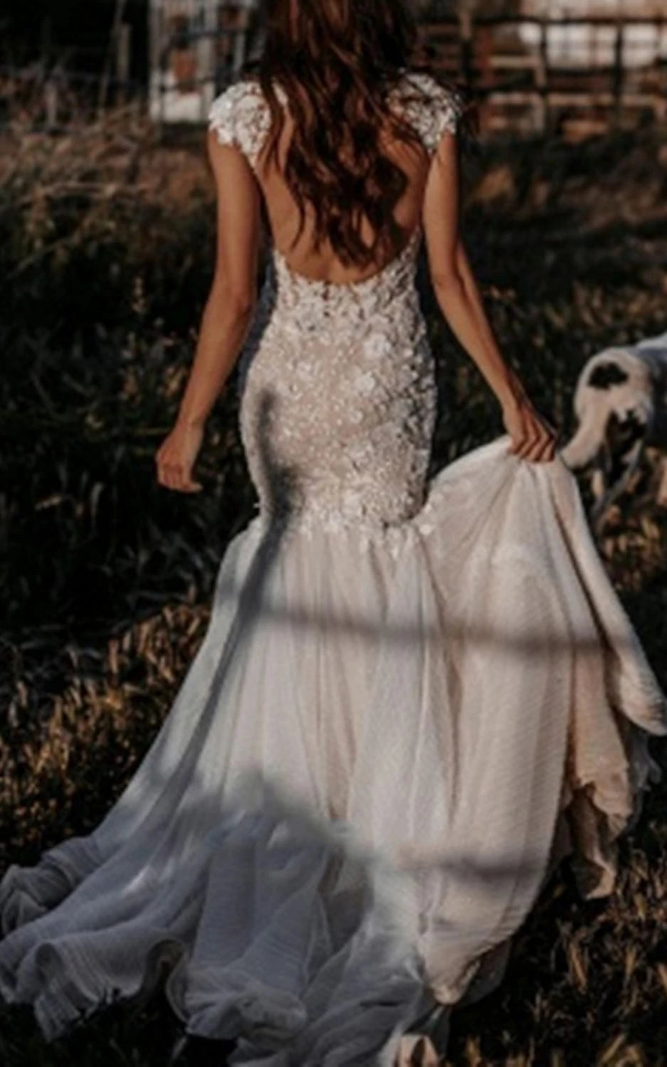 Boho Mermaid Wedding Dress Floral V-neck Casual Gown with Open Back and Lace Appliques