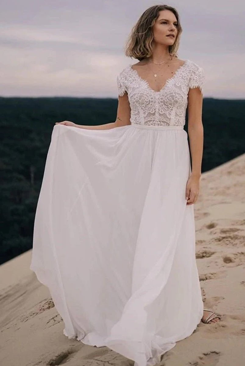 Boho See Through Lace V - Neck A - Line Chiffon Wedding Dress - KissProm