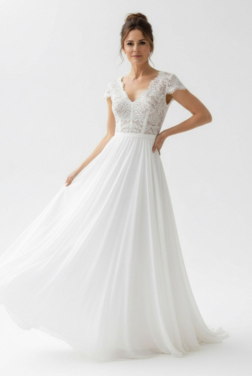 Boho See Through Lace V - Neck A - Line Chiffon Wedding Dress - KissProm