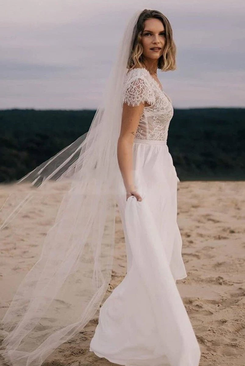 Boho See Through Lace V - Neck A - Line Chiffon Wedding Dress - KissProm