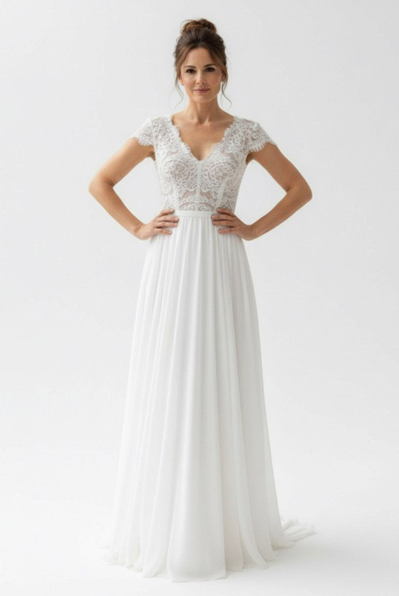 Boho See Through Lace V - Neck A - Line Chiffon Wedding Dress - KissProm