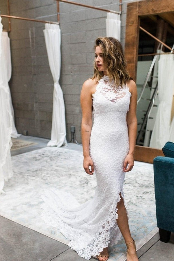 Boho Style Chic Mermaid Sleeveless Lace Appliques Wedding Dress