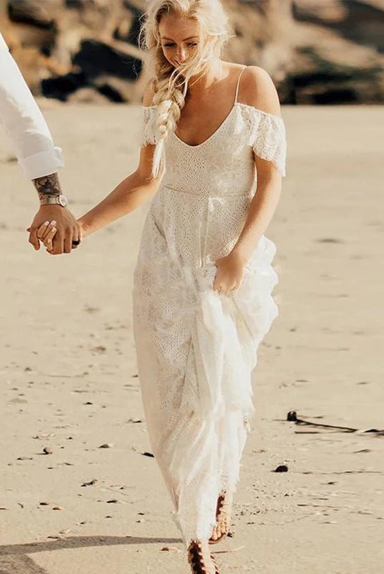 Boho Spaghetti Straps Sleeveless A Line Lace Wedding Dresses - KissProm