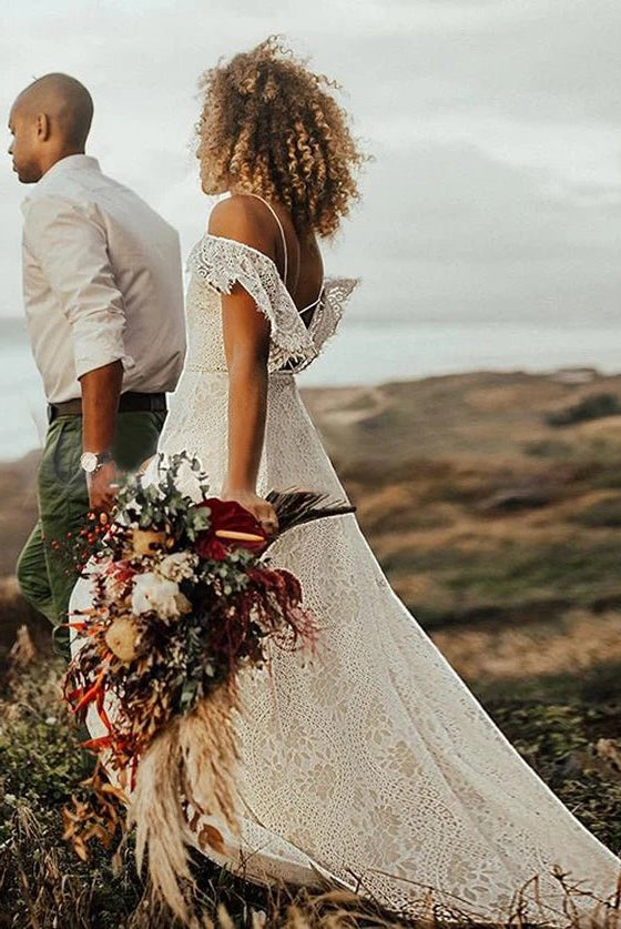 Boho Spaghetti Straps Sleeveless A Line Lace Wedding Dresses - KissProm