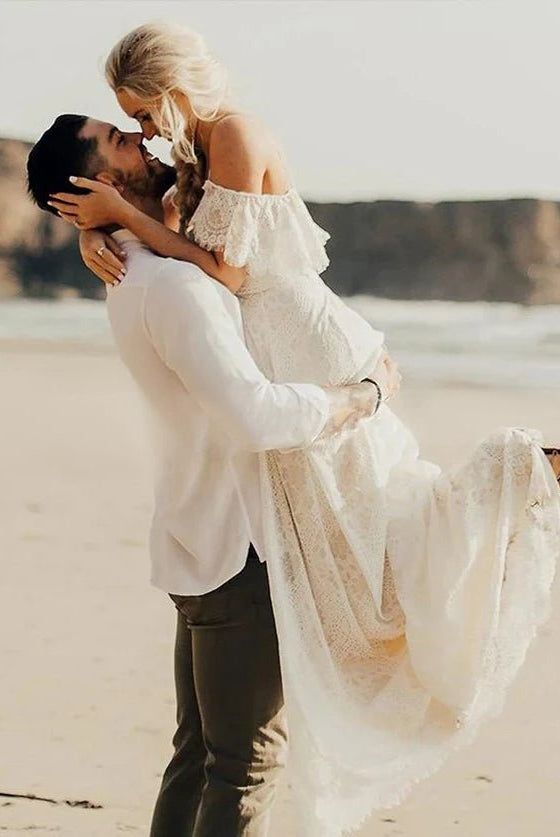 Boho Spaghetti Straps Sleeveless A Line Lace Wedding Dresses - KissProm