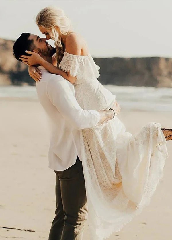 Boho Spaghetti Straps Sleeveless A Line Lace Wedding Dresses - KissProm