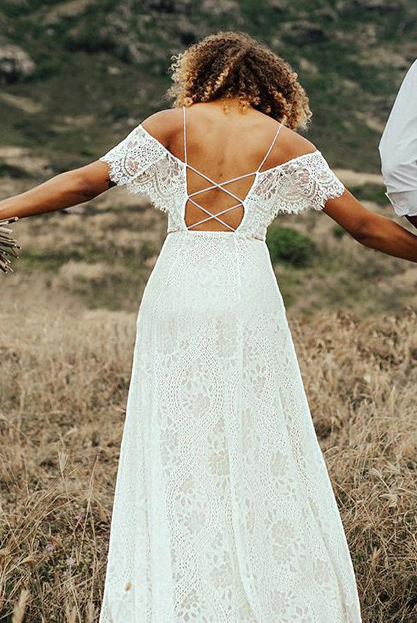 Boho Spaghetti Straps Sleeveless A Line Lace Wedding Dresses - KissProm