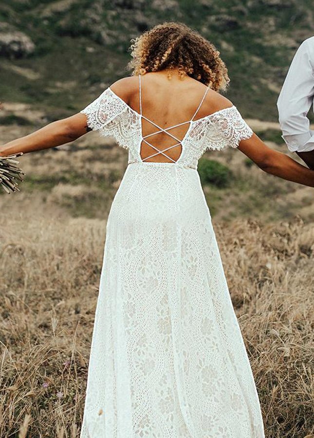 Boho Spaghetti Straps Sleeveless A Line Lace Wedding Dresses - KissProm