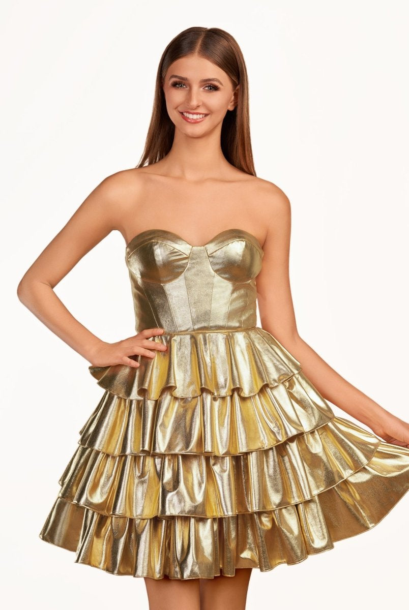 Bonny | A-Line Sweetheart Gold Metallic Ruffle Homecoming Dress