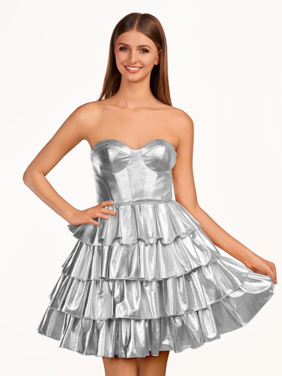 Bonny | A-Line Sweetheart Gold Metallic Ruffle Homecoming Dress