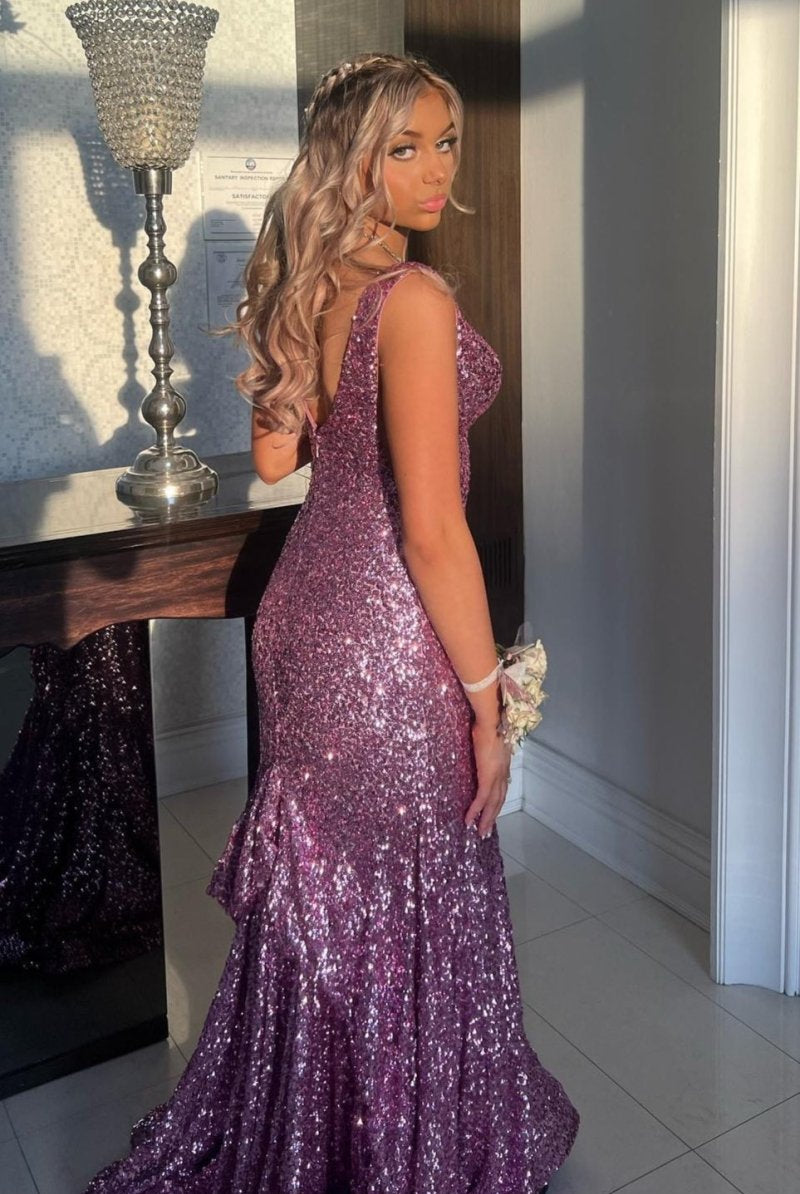 Branndi | Sequins V - Neck Lilac Mermaid Evening Long Prom Dress - KissProm