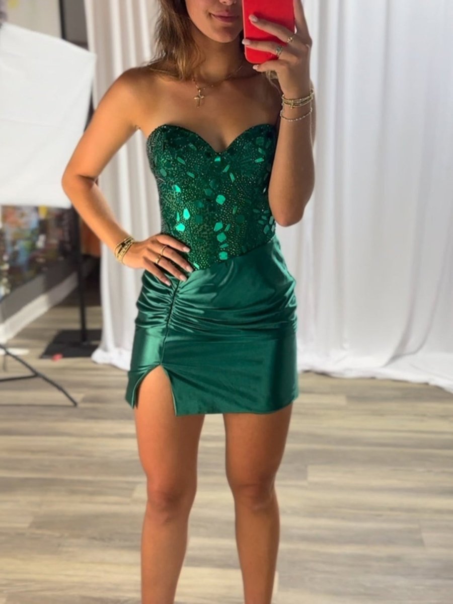 Emerald - Strapless Bodycon Satin Mirror Mini Party Dresses With Beadi Emerald - Strapless Bodycon Satin Mirror Mini Party Dresses With Beadi