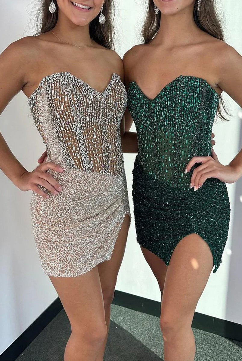 Bretta | Green - Sparkly Bodycon Strapless Sequins Short Homecoming Dresses With Beadings
