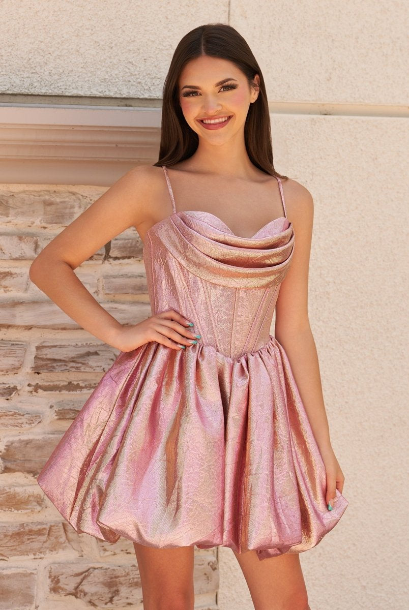 Briala | Pink - A Line Metallic Jacquard Scoop Neck Corset Short Homecoming Dresses