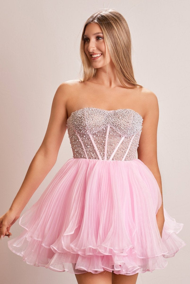 Briena | A - Line Pink Sweetheart Ruffled Short Homecoming Dress - KissProm