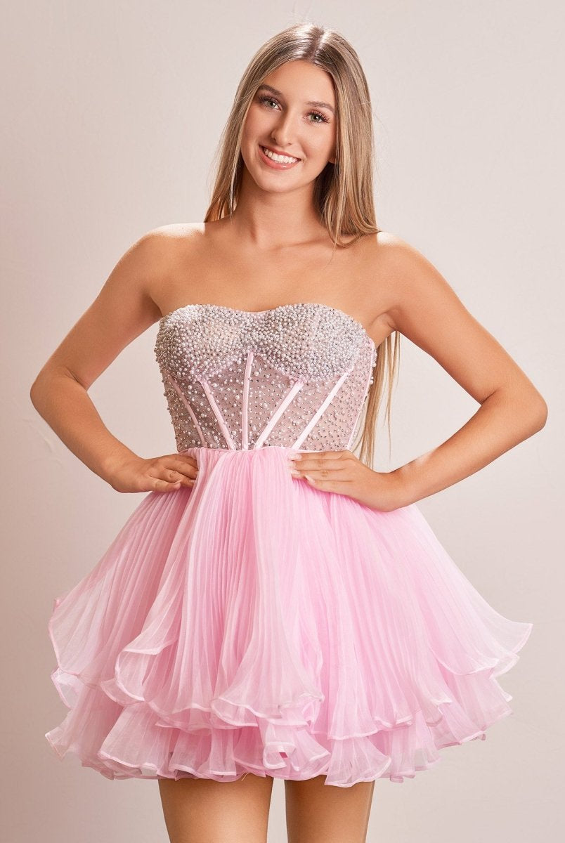 Briena | A - Line Pink Sweetheart Ruffled Short Homecoming Dress - KissProm