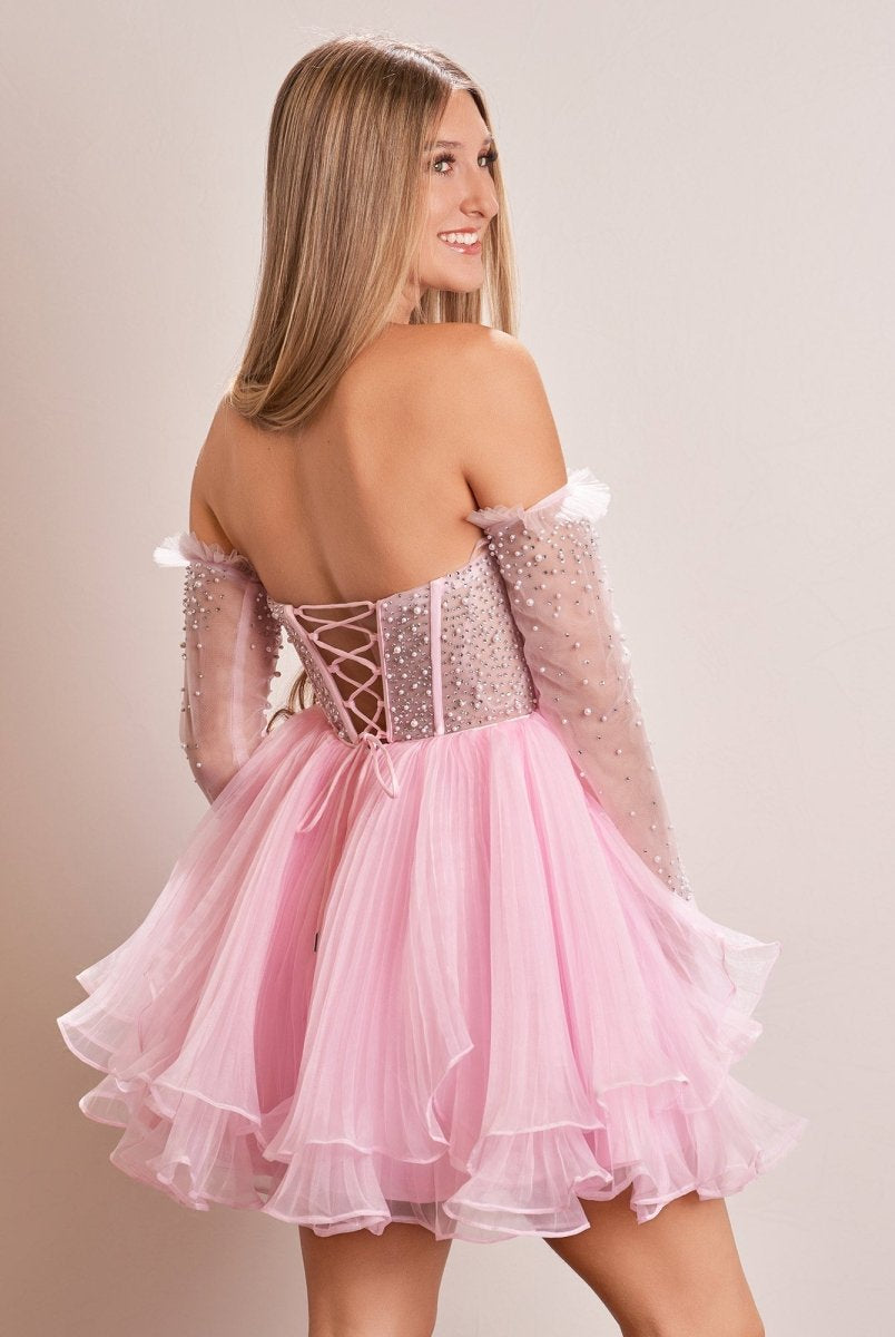 Briena | A - Line Pink Sweetheart Ruffled Short Homecoming Dress - KissProm