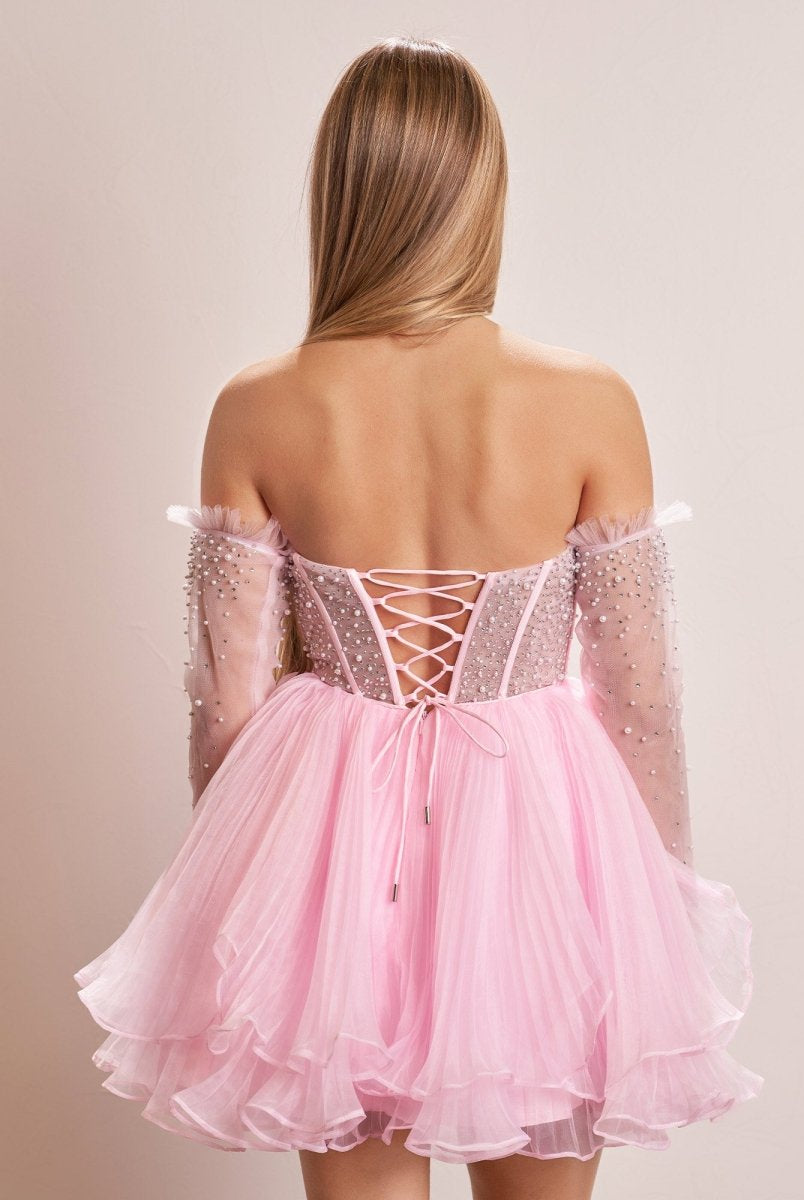 Briena | A - Line Pink Sweetheart Ruffled Short Homecoming Dress - KissProm