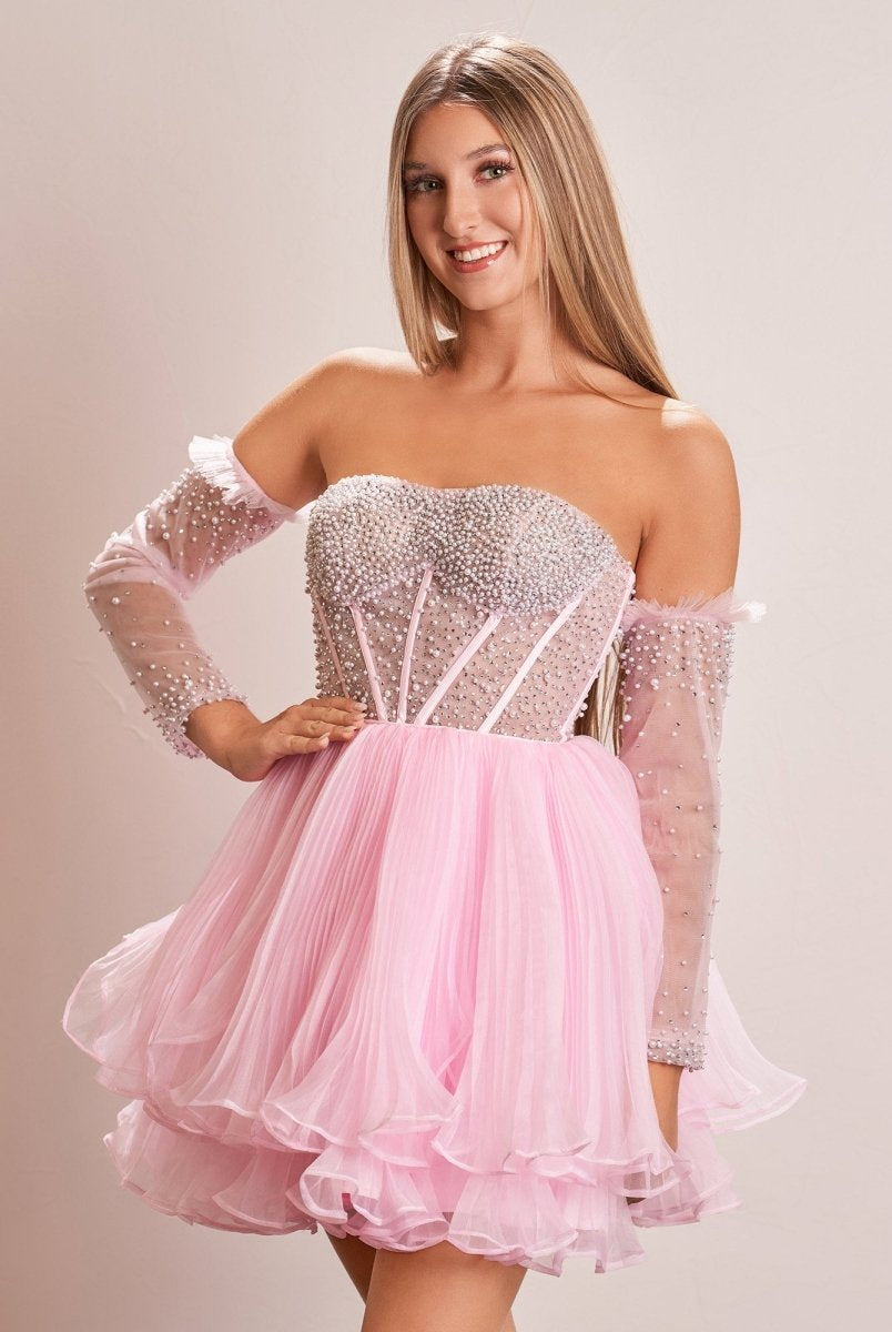 Briena | A - Line Pink Sweetheart Ruffled Short Homecoming Dress - KissProm