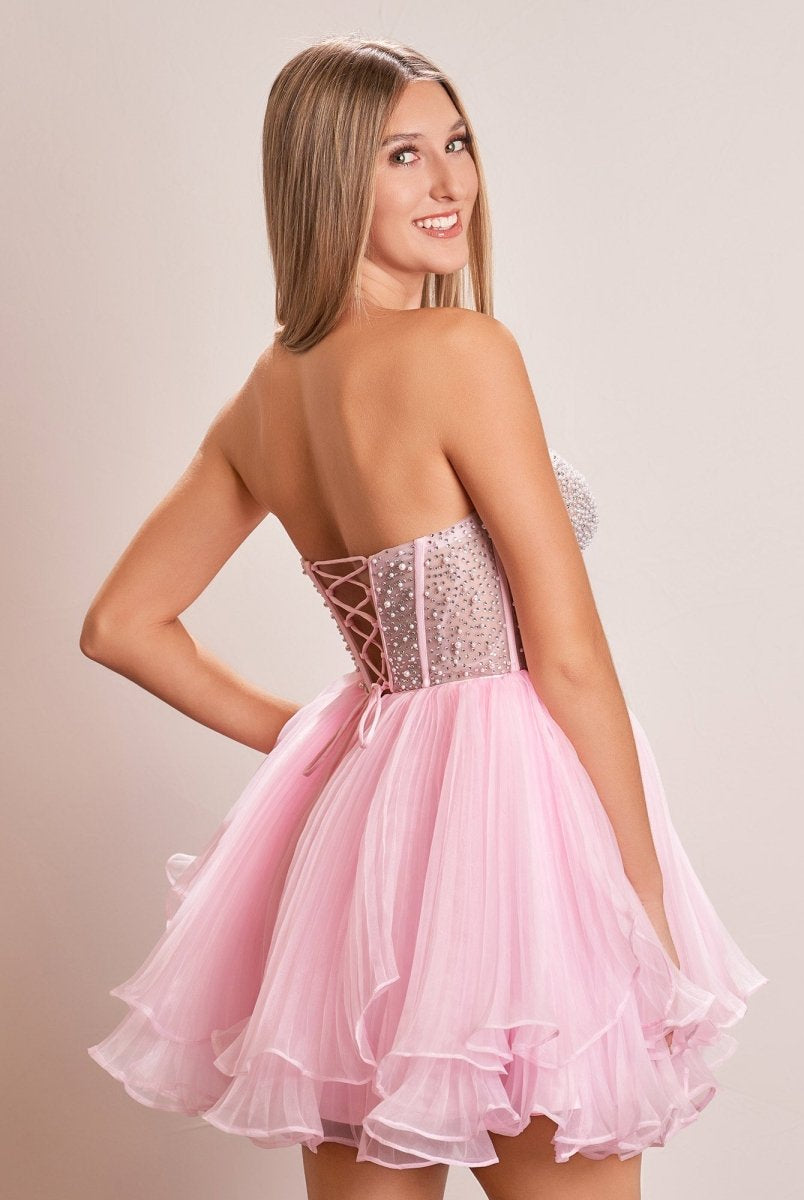 Briena | A - Line Pink Sweetheart Ruffled Short Homecoming Dress - KissProm