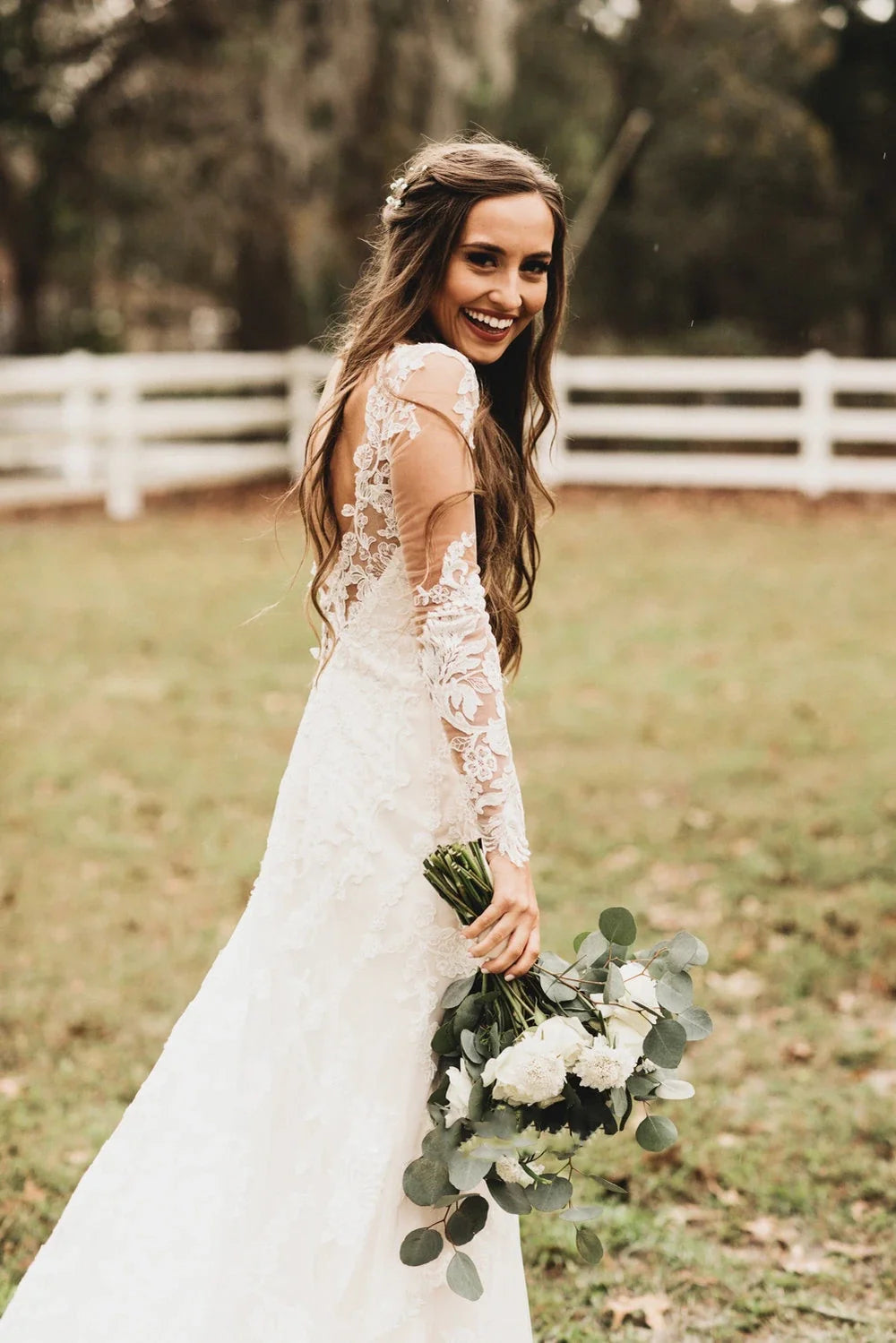 Brilliant Lace Bohemian Deep-V Back Cathedral Train Wedding Dress White / 18 Brilliant Lace Bohemian Deep-V Back Cathedral Train Wedding Dress White / 18