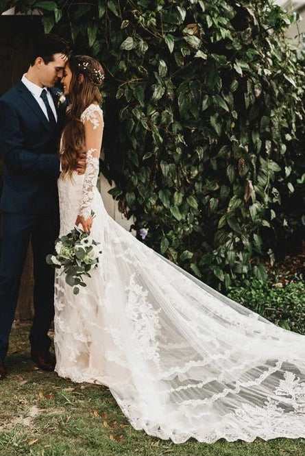 Brilliant Lace Bohemian Deep-V Back Cathedral Train Wedding Dress