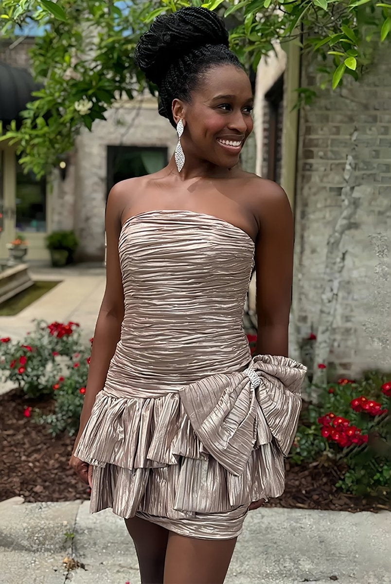 Brinelle | Champagne - A Line Strapless Pleats Short Homecoming Dress with Bow