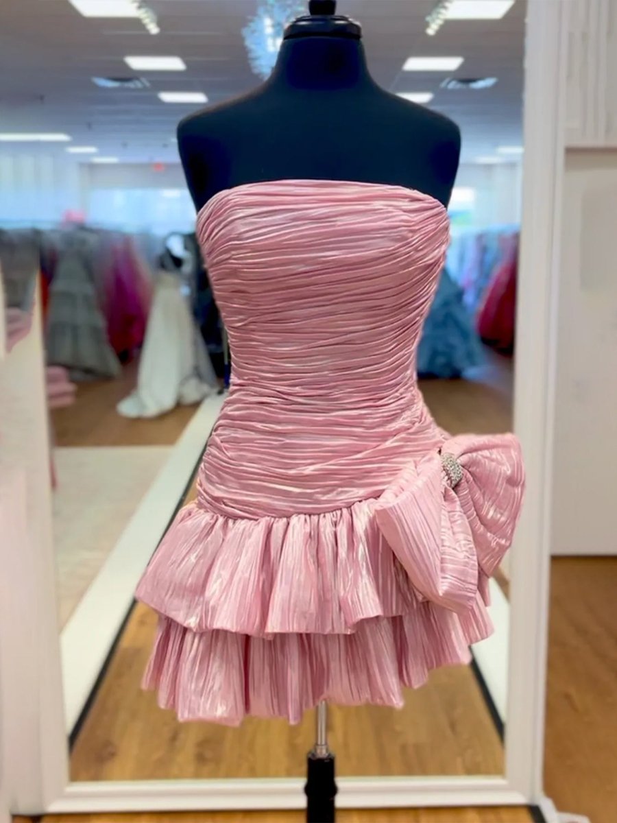 Brinelle | Pink - A Line Strapless Pleats Short Homecoming Dress with Bow