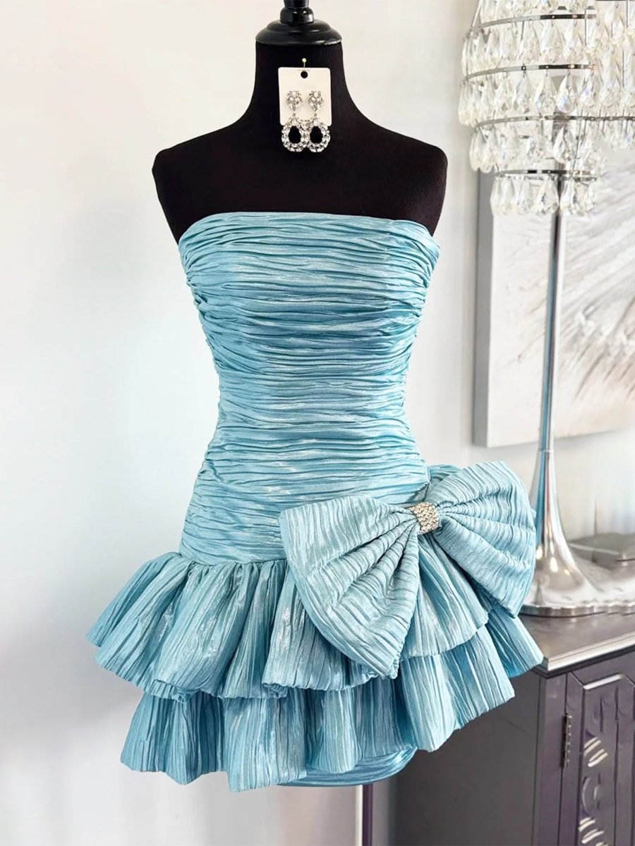 Brinelle | Sky Blue - A Line Strapless Pleats Short Homecoming Dress with Bow