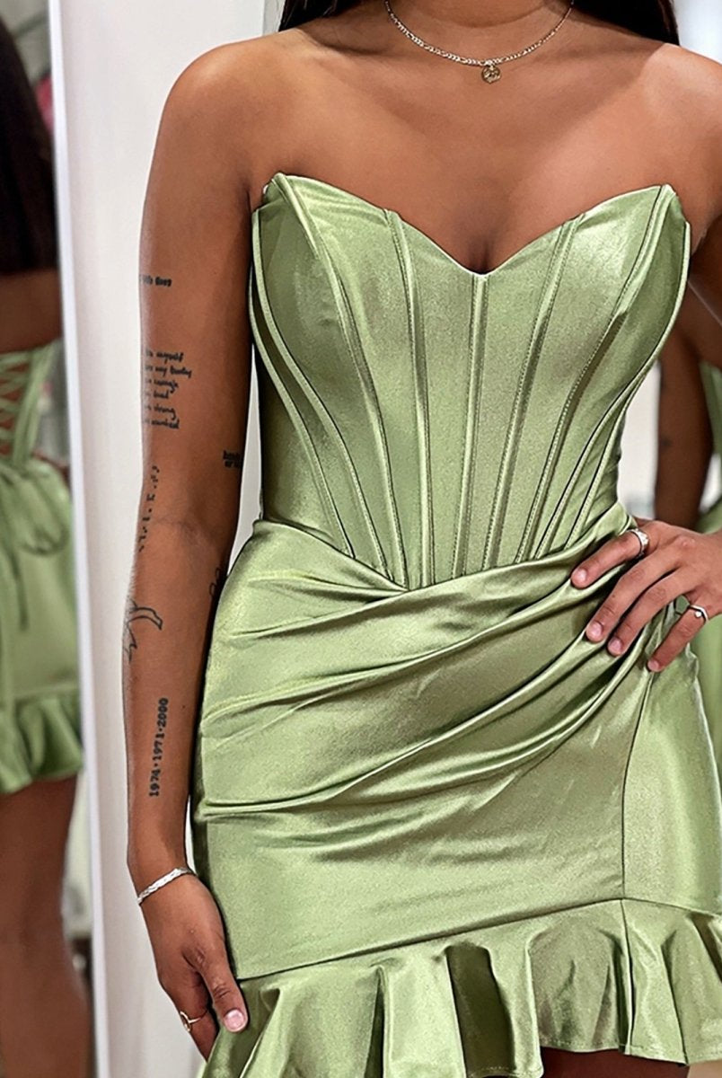 Brisa | Mint Green - Strapless Bodycon Satin Pleated Homecoming Dresses With Ruffles