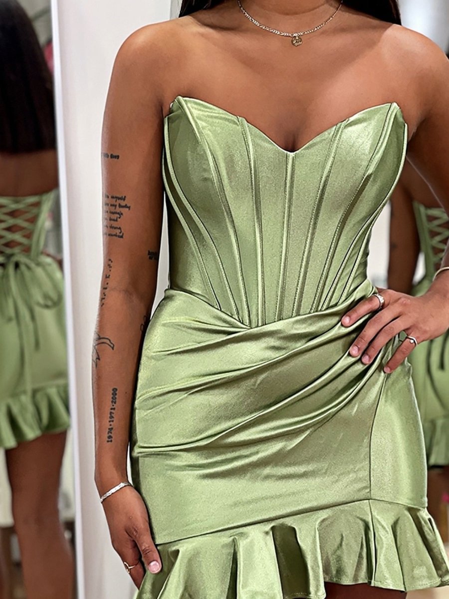 Mint Green - Strapless Bodycon Satin Pleated Homecoming Dresses with Ruffles Mint Green / 0 Mint Green - Strapless Bodycon Satin Pleated Homecoming Dresses with Ruffles Mint Green / 0