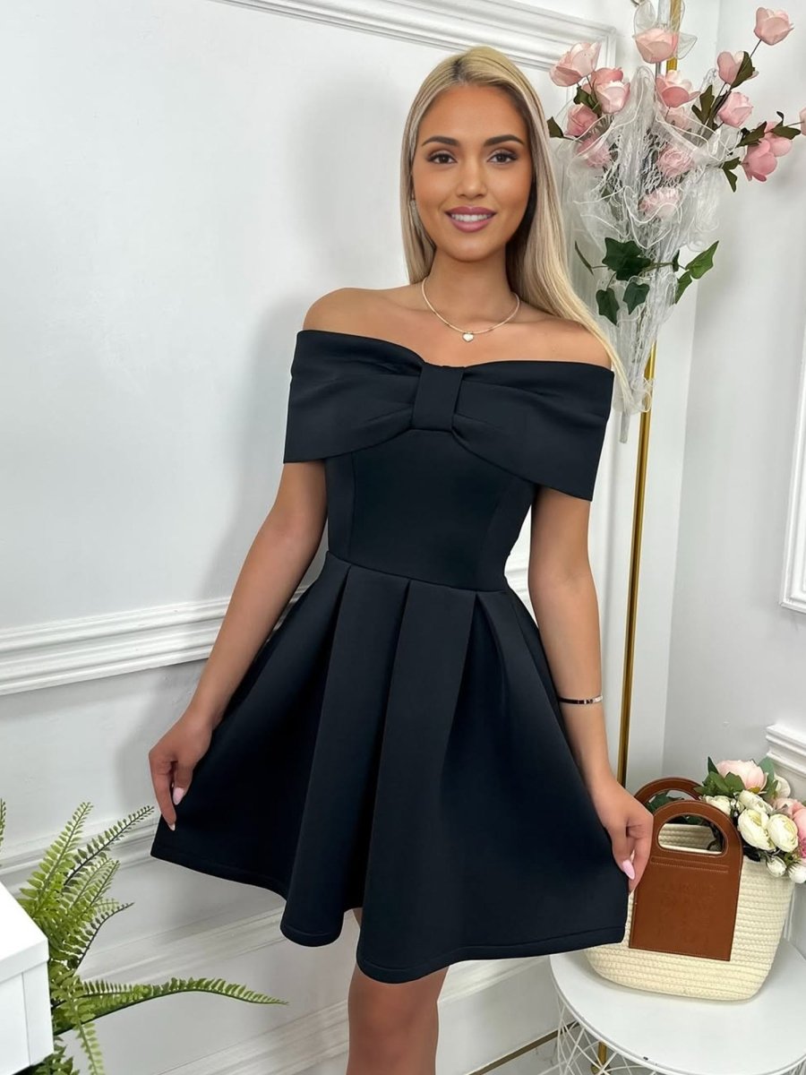 Briseis | Black - Off The Shoulder A Line Satin Short Homecoming Dress With Bow