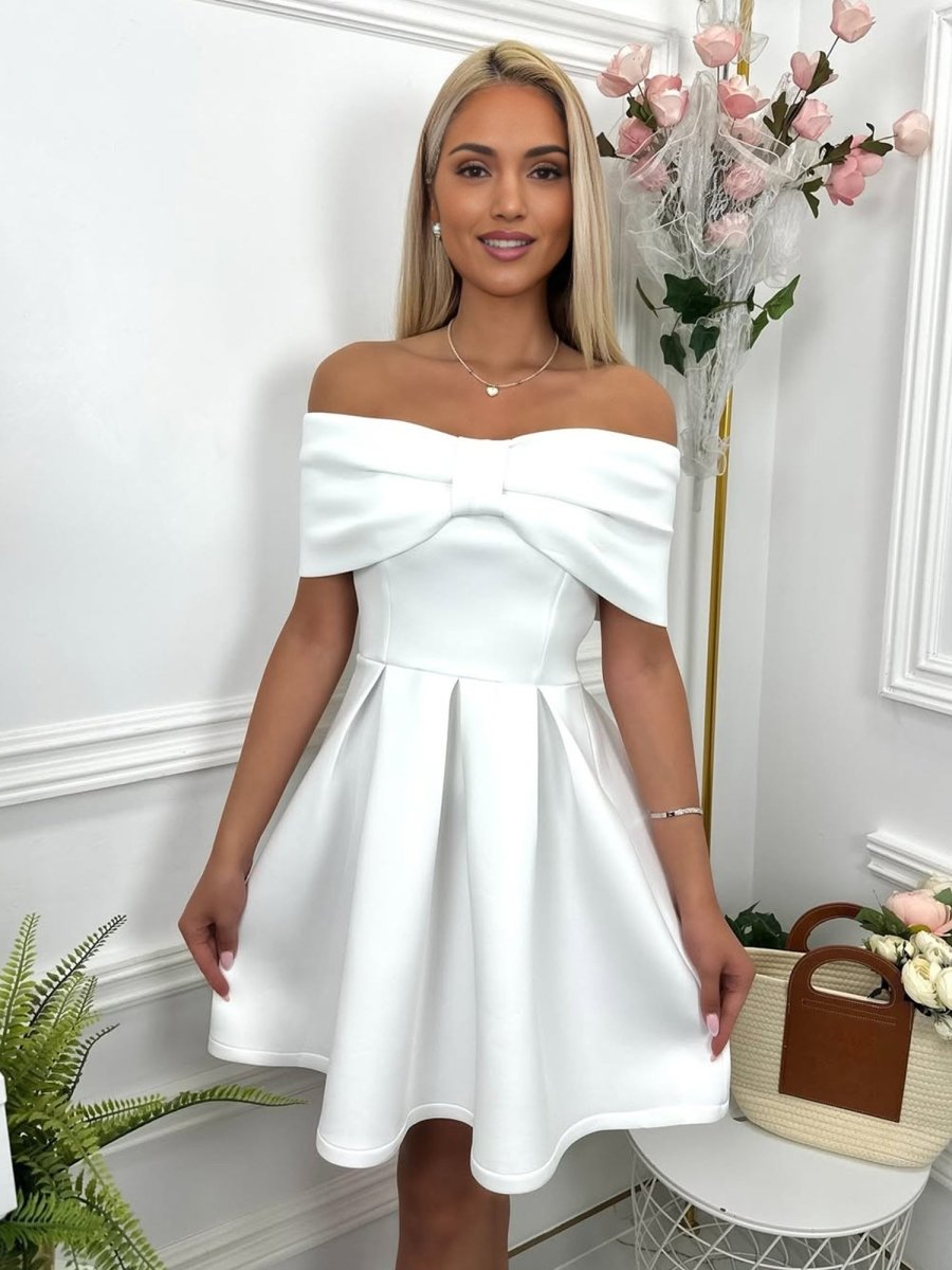 Briseis | White - Off The Shoulder A Line Satin Short Homecoming Dress With Bow