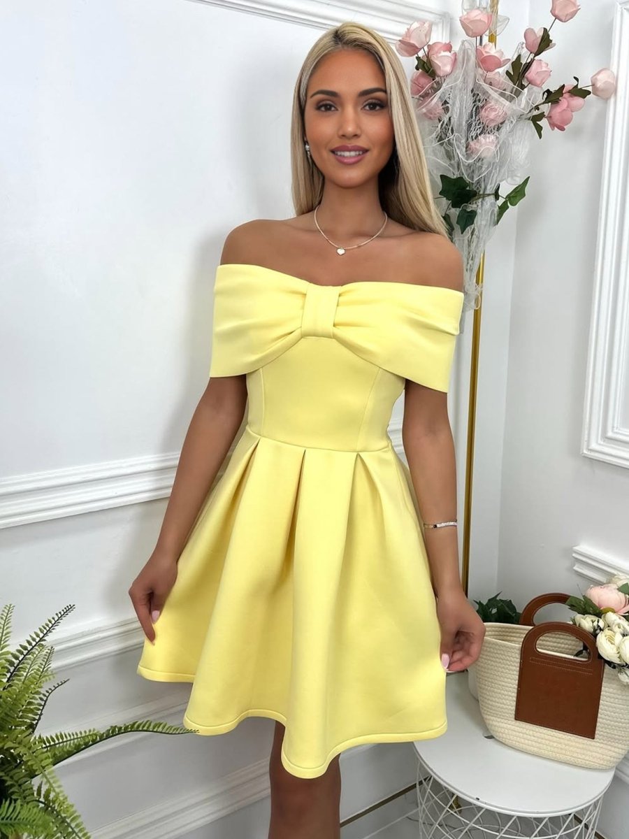Yellow - Off The Shoulder A Line Satin Short Homecoming Dress With Bow Yellow - Off The Shoulder A Line Satin Short Homecoming Dress With Bow