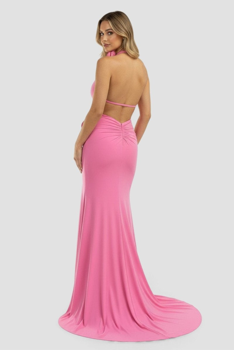 KissProm-Bruce Pink Halter Rosette Mermaid Long Formal Dress with Slit